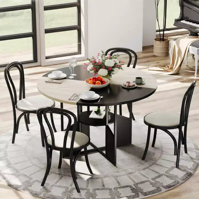Table de salle à manger ronde en bois de 59 pouces pour 4 à 6 personnes, avec base et pieds réglables. Style ferme, peu encombrante, adaptée au salon.
