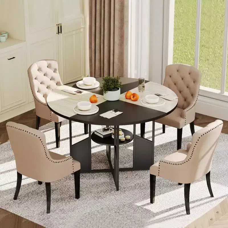 Table de salle à manger ronde en bois de 59 pouces pour 4 à 6 personnes, avec base et pieds réglables. Style ferme, peu encombrante, adaptée au salon.