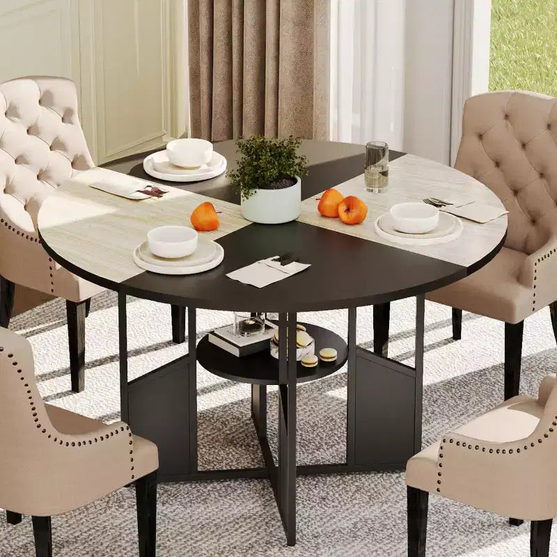 Table de salle à manger ronde en bois de 59 pouces pour 4 à 6 personnes, avec base et pieds réglables. Style ferme, peu encombrante, adaptée au salon.