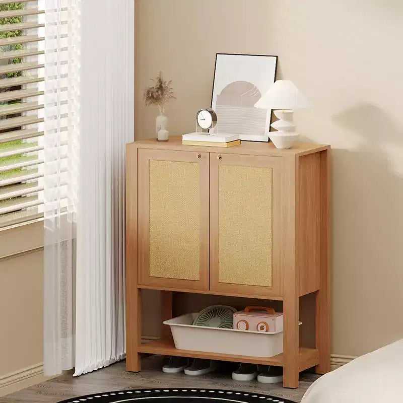 Meuble à chaussures en rotin pour entrée, armoire de rangement autoportante en bois à 5 niveaux de style rustique avec étagères réglables pour couloir et salon