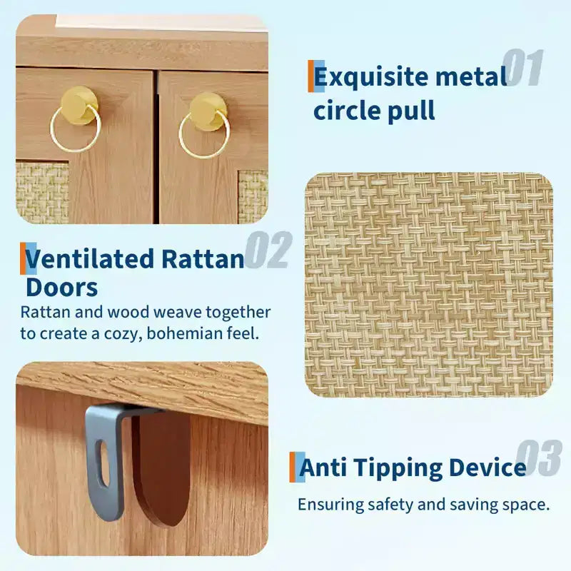 Meuble à chaussures en rotin pour entrée, armoire de rangement autoportante en bois à 5 niveaux de style rustique avec étagères réglables pour couloir et salon