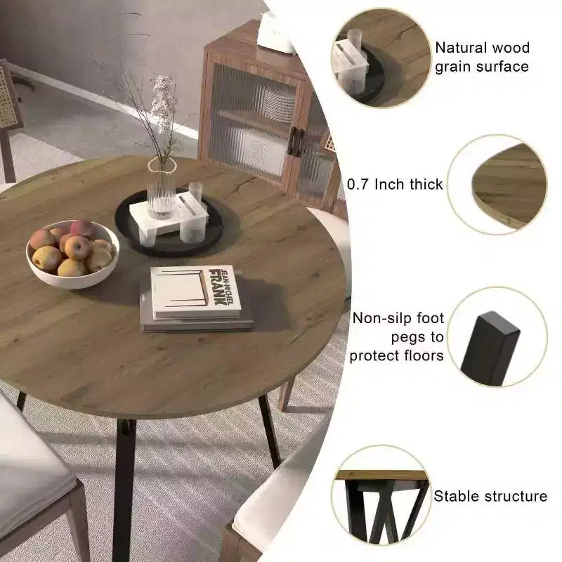 Table à manger ronde Homy Casa 35.4, plateau aspect bois, pieds en métal noir, 2 à 4 places
