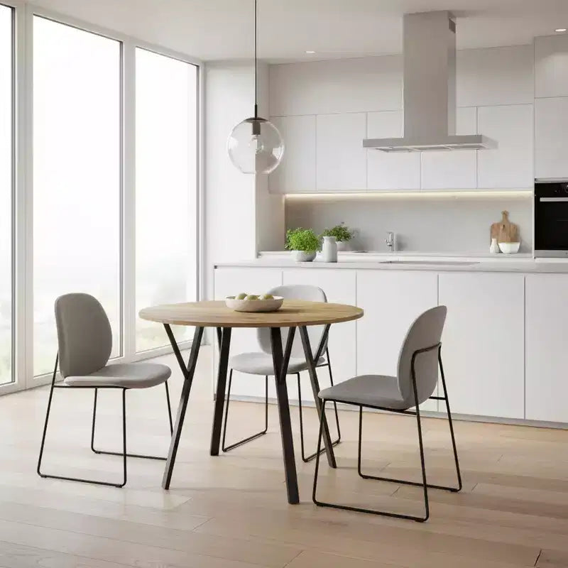 Table à manger ronde Homy Casa 35.4, plateau aspect bois, pieds en métal noir, 2 à 4 places