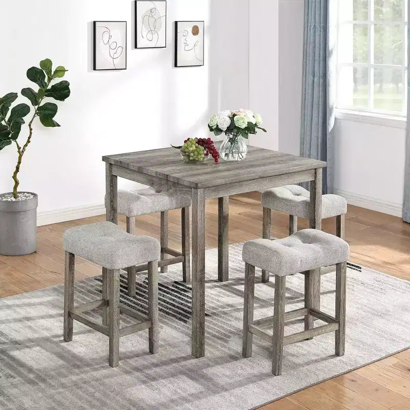Ensemble table de bar et 4 tabourets de bar style ferme Okak 5 pièces pour cuisine, salle à manger, ensemble dînette vintage avec cadre en bois massif
