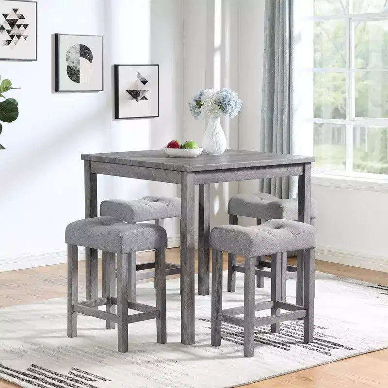 Ensemble table de bar et 4 tabourets de bar style ferme Okak 5 pièces pour cuisine, salle à manger, ensemble dînette vintage avec cadre en bois massif