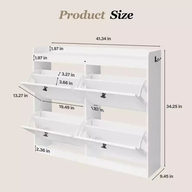 Grand meuble à chaussures avec 4 tiroirs basculants, crochets et espace de rangement – une solution de rangement de chaussures dissimulée pour les entrées, les couloirs et les salons.