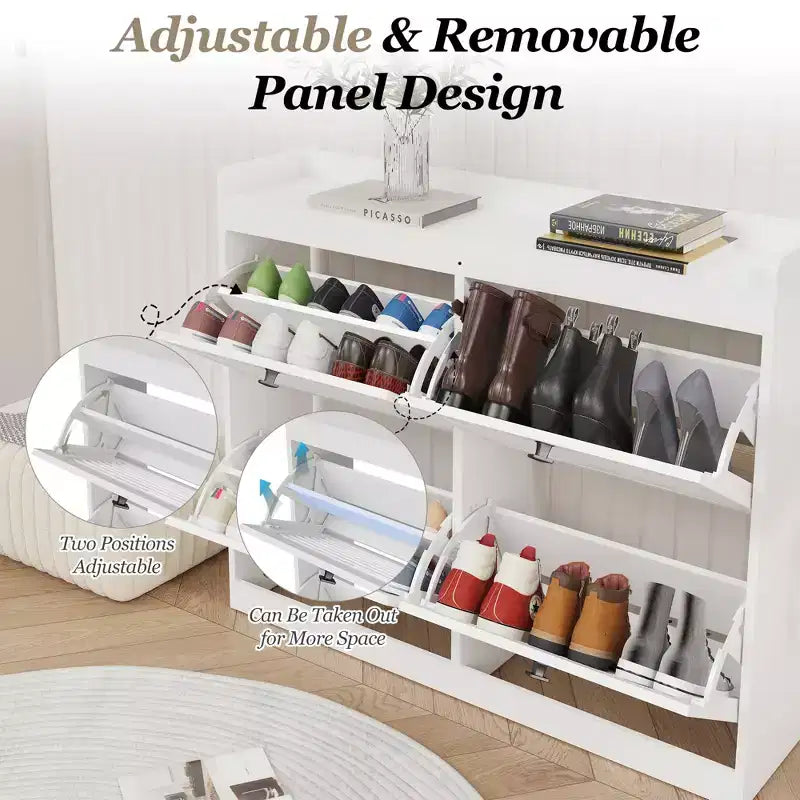 Grand meuble à chaussures avec 4 tiroirs basculants, crochets et espace de rangement – une solution de rangement de chaussures dissimulée pour les entrées, les couloirs et les salons.