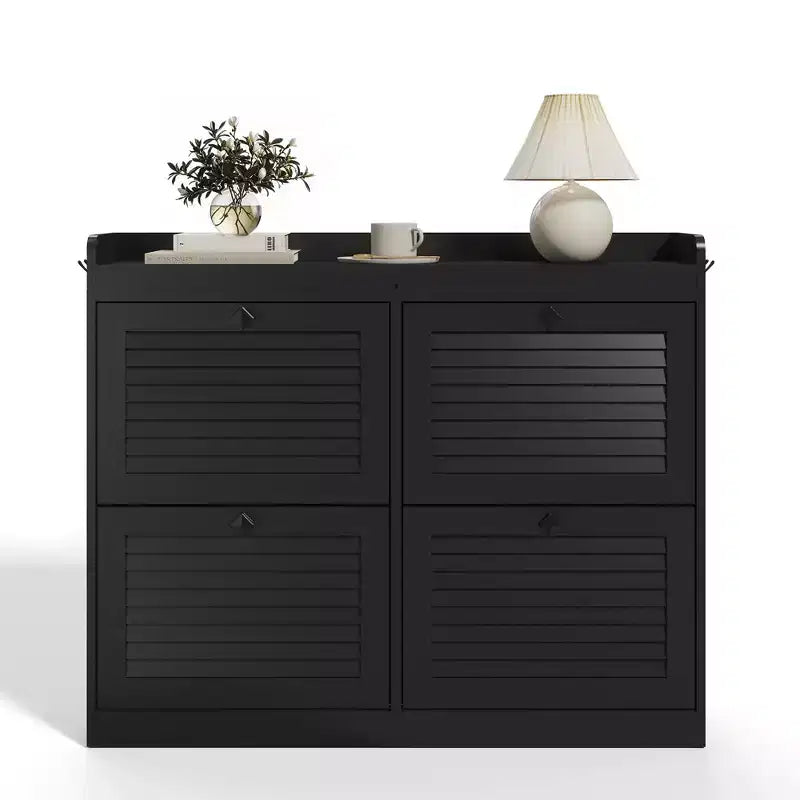 Grand meuble à chaussures avec 4 tiroirs basculants, crochets et espace de rangement – une solution de rangement de chaussures dissimulée pour les entrées, les couloirs et les salons.