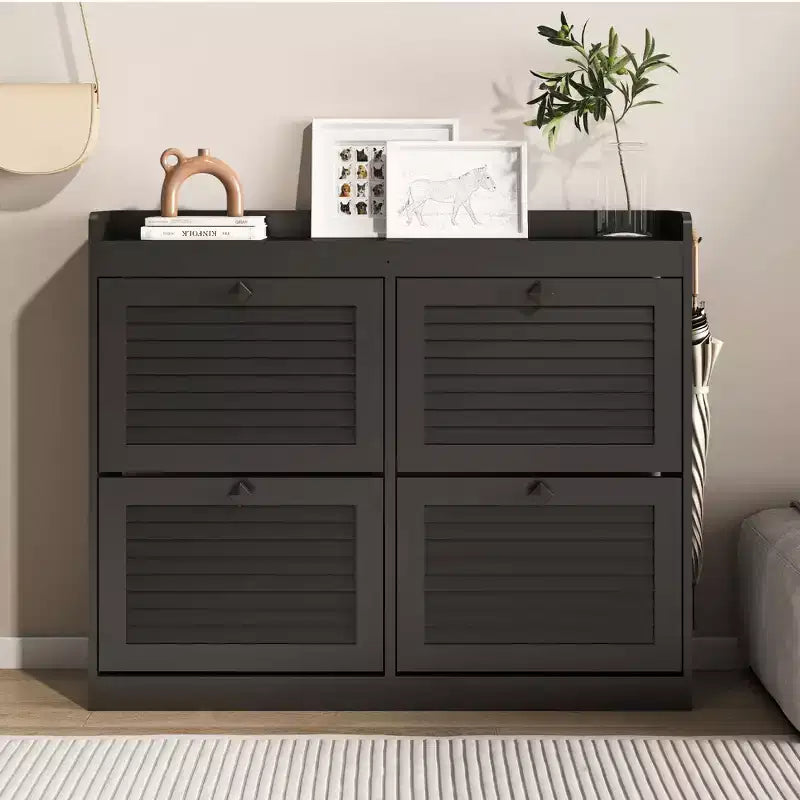 Grand meuble à chaussures avec 4 tiroirs basculants, crochets et espace de rangement – une solution de rangement de chaussures dissimulée pour les entrées, les couloirs et les salons.