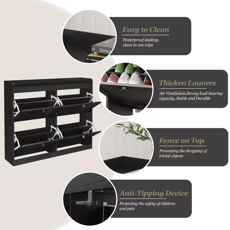 Grand meuble à chaussures avec 4 tiroirs basculants, crochets et espace de rangement – une solution de rangement de chaussures dissimulée pour les entrées, les couloirs et les salons.