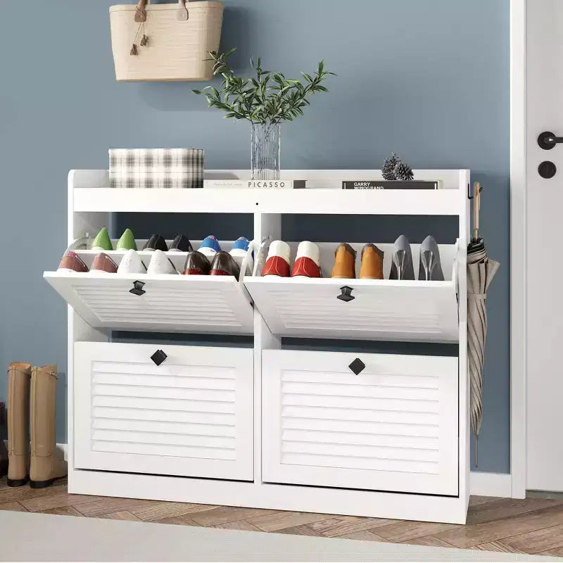 Grand meuble à chaussures avec 4 tiroirs basculants, crochets et espace de rangement – une solution de rangement de chaussures dissimulée pour les entrées, les couloirs et les salons.
