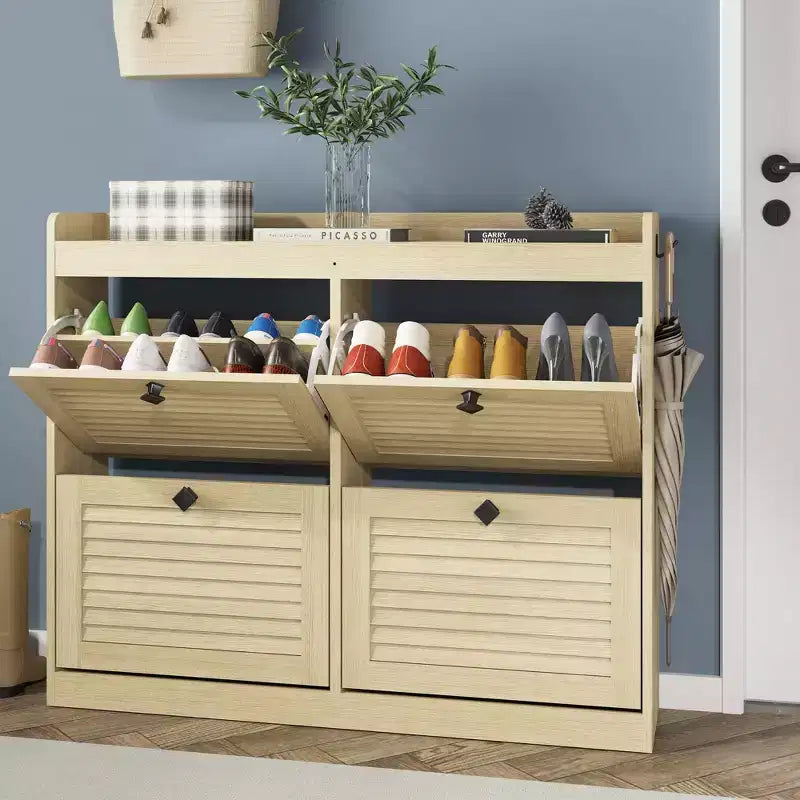 Grand meuble à chaussures avec 4 tiroirs basculants, crochets et espace de rangement – une solution de rangement de chaussures dissimulée pour les entrées, les couloirs et les salons.