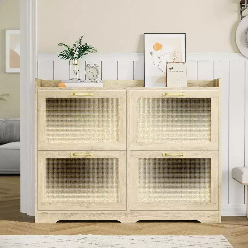 Rattan Shoe Storage Cabinet with 4 Flip Drawers, Hidden Shoe Storage Organizer Cabinet