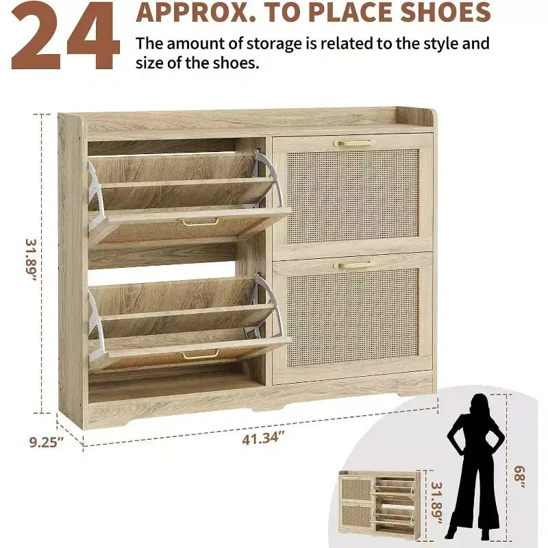 Meuble à chaussures en rotin avec 4 tiroirs basculants, meuble de rangement à chaussures dissimulé