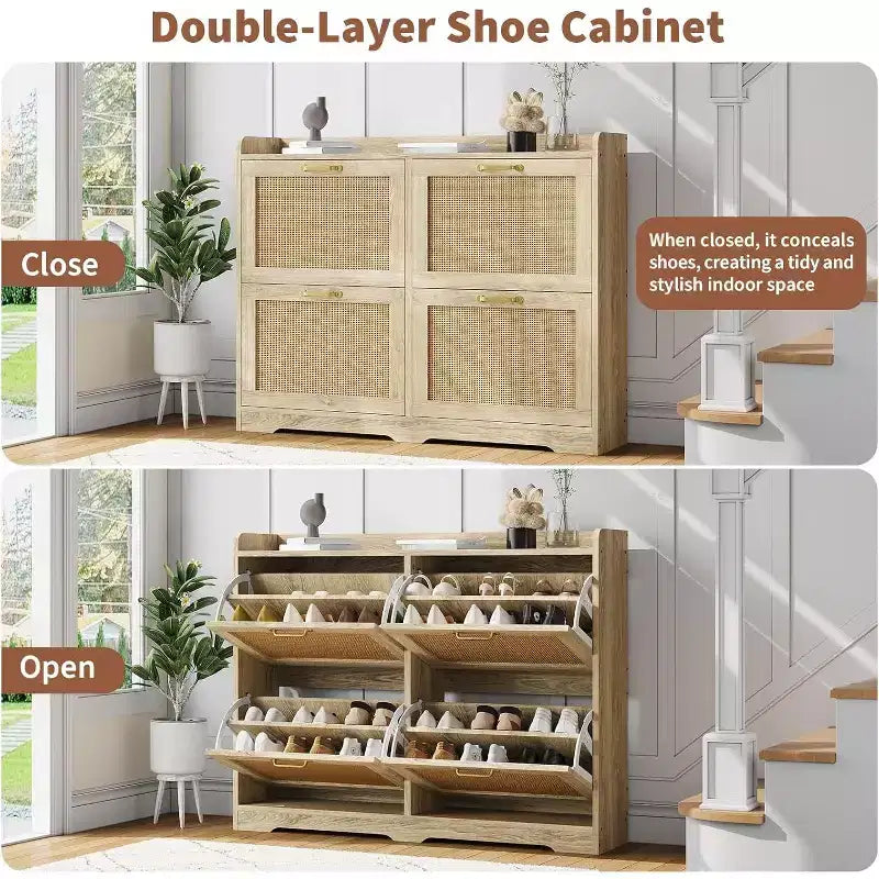Meuble à chaussures en rotin avec 4 tiroirs basculants, meuble de rangement à chaussures dissimulé