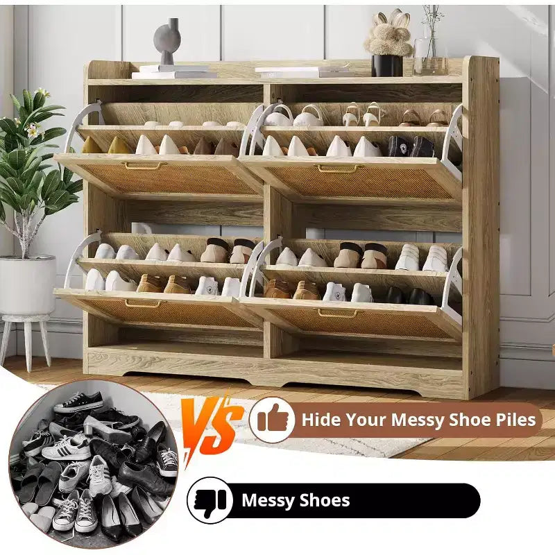 Meuble à chaussures en rotin avec 4 tiroirs basculants, meuble de rangement à chaussures dissimulé