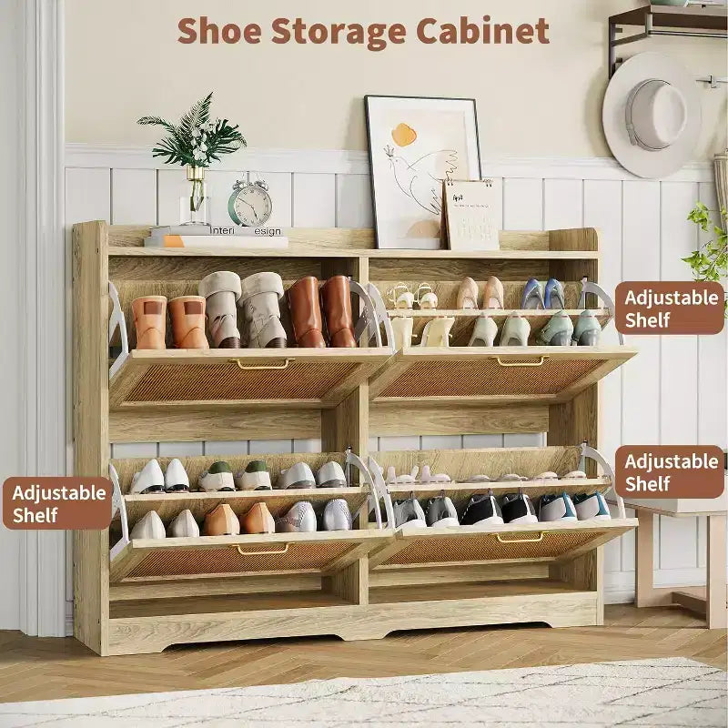 Meuble à chaussures en rotin avec 4 tiroirs basculants, meuble de rangement à chaussures dissimulé