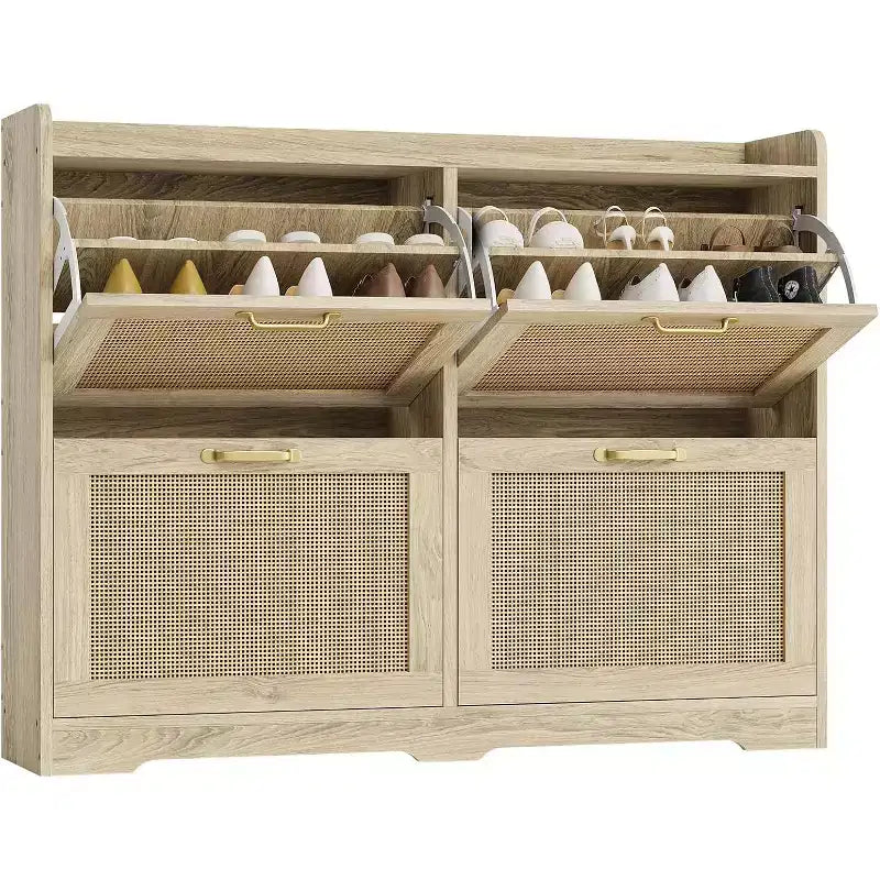 Meuble à chaussures en rotin avec 4 tiroirs basculants, meuble de rangement à chaussures dissimulé