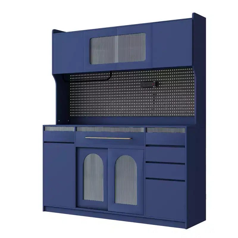 Buffet autoportant et grand meuble de rangement pour bar à café Whisen 63''L avec surmeuble, 6 tiroirs, 5 armoires - Bleu