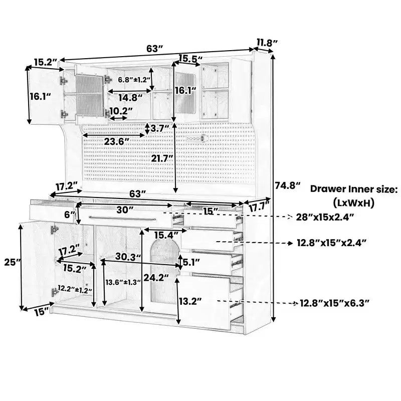 Buffet autoportant et grand meuble de rangement pour bar à café Whisen 63''L avec surmeuble, 6 tiroirs, 5 armoires - Bleu
