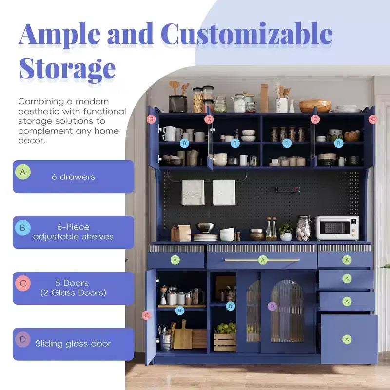 Buffet autoportant et grand meuble de rangement pour bar à café Whisen 63''L avec surmeuble, 6 tiroirs, 5 armoires - Bleu