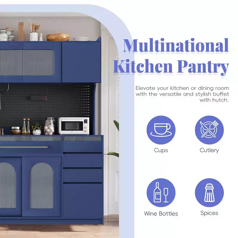 Buffet autoportant et grand meuble de rangement pour bar à café Whisen 63''L avec surmeuble, 6 tiroirs, 5 armoires - Bleu