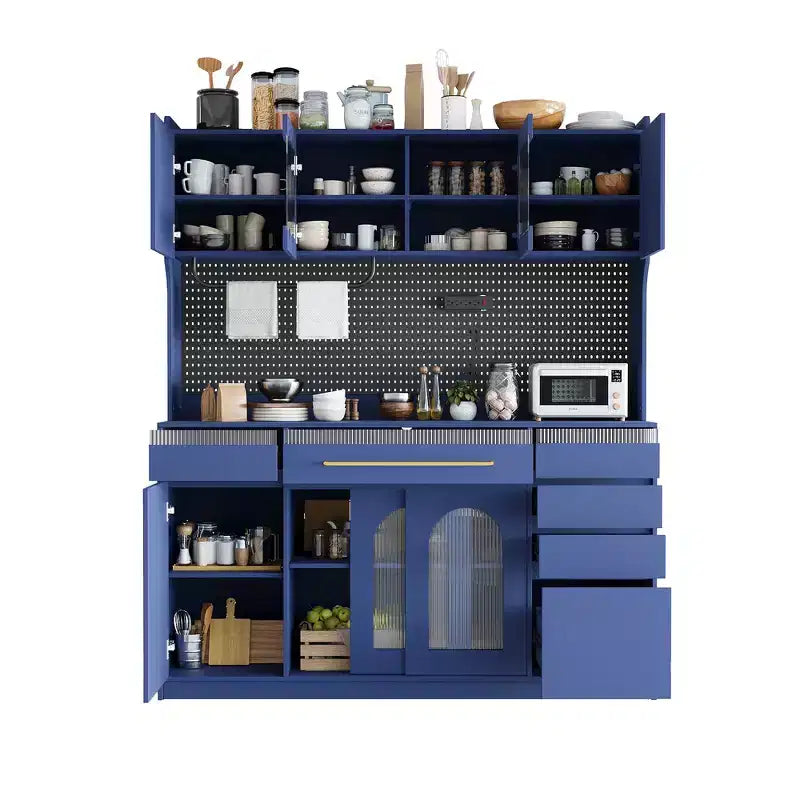 Buffet autoportant et grand meuble de rangement pour bar à café Whisen 63''L avec surmeuble, 6 tiroirs, 5 armoires - Bleu