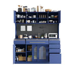 Buffet autoportant et grand meuble de rangement pour bar à café Whisen 63''L avec surmeuble, 6 tiroirs, 5 armoires - Bleu