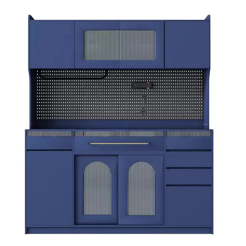 Buffet autoportant et grand meuble de rangement pour bar à café Whisen 63''L avec surmeuble, 6 tiroirs, 5 armoires - Bleu