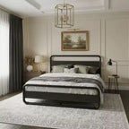 Lit King Size en métal avec tête et pied de lit incurvés en bois, cadre de lit plateforme robuste, rangement sous le lit, montage facile, noir