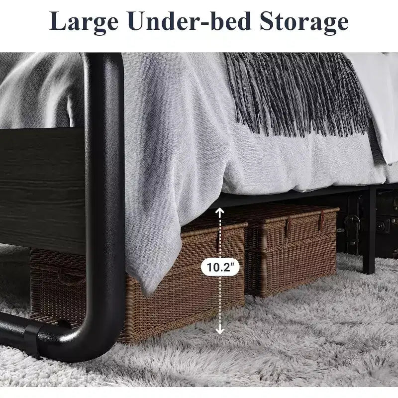 Lit King Size en métal avec tête et pied de lit incurvés en bois, cadre de lit plateforme robuste, rangement sous le lit, montage facile, noir