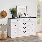 Commode de ferme 9 tiroirs avec station de recharge et poignée en métal, meuble TV en bois avec commodes