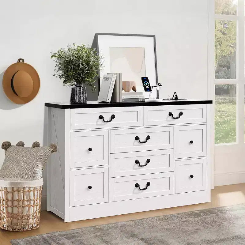 Commode de ferme 9 tiroirs avec station de recharge et poignée en métal, meuble TV en bois avec commodes