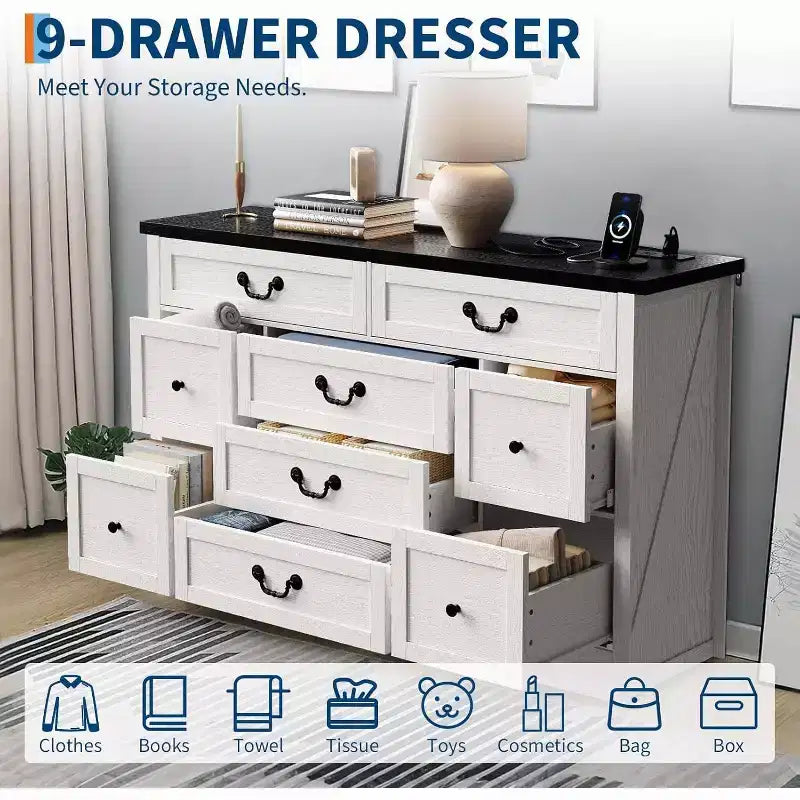 Commode de ferme 9 tiroirs avec station de recharge et poignée en métal, meuble TV en bois avec commodes