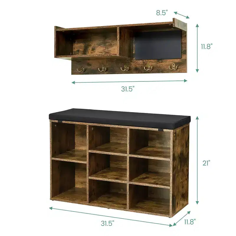 COZONY Meuble d'entrée 31,5 pouces avec banc à chaussures, organisateur d'entrée 8 compartiments et porte-manteau mural, marron rustique, pour couloir, vestiaire, hall d'entrée