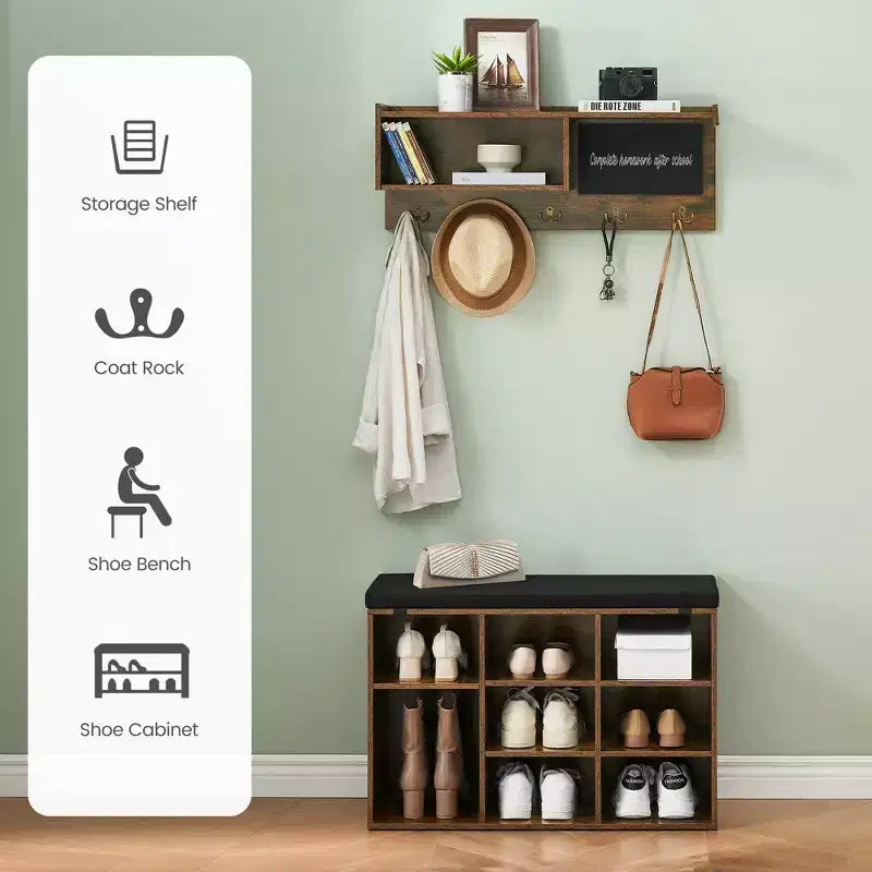 COZONY Meuble d'entrée 31,5 pouces avec banc à chaussures, organisateur d'entrée 8 compartiments et porte-manteau mural, marron rustique, pour couloir, vestiaire, hall d'entrée