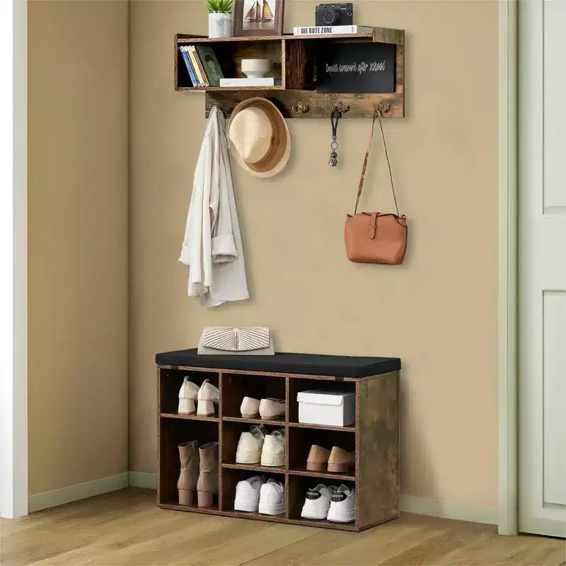 COZONY Meuble d'entrée 31,5 pouces avec banc à chaussures, organisateur d'entrée 8 compartiments et porte-manteau mural, marron rustique, pour couloir, vestiaire, hall d'entrée