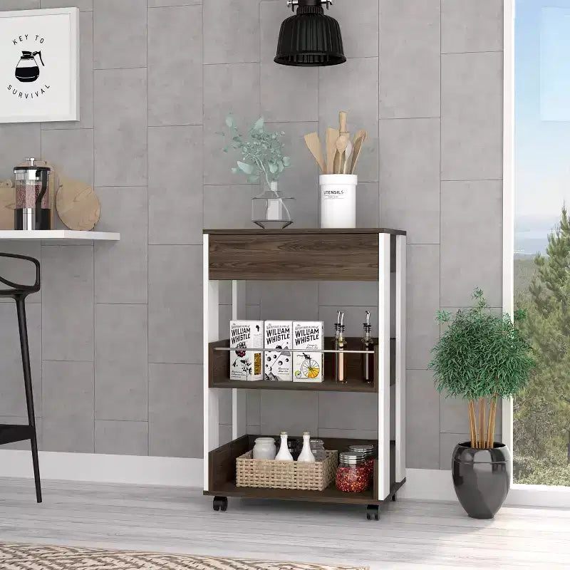 Okak Modern Kitchen Cart with 1 Drawer and 2 Shelves, Kitchen Island On Wheels, Countertop Organizer for Kitchen, Dining Room, Living Room, Brown