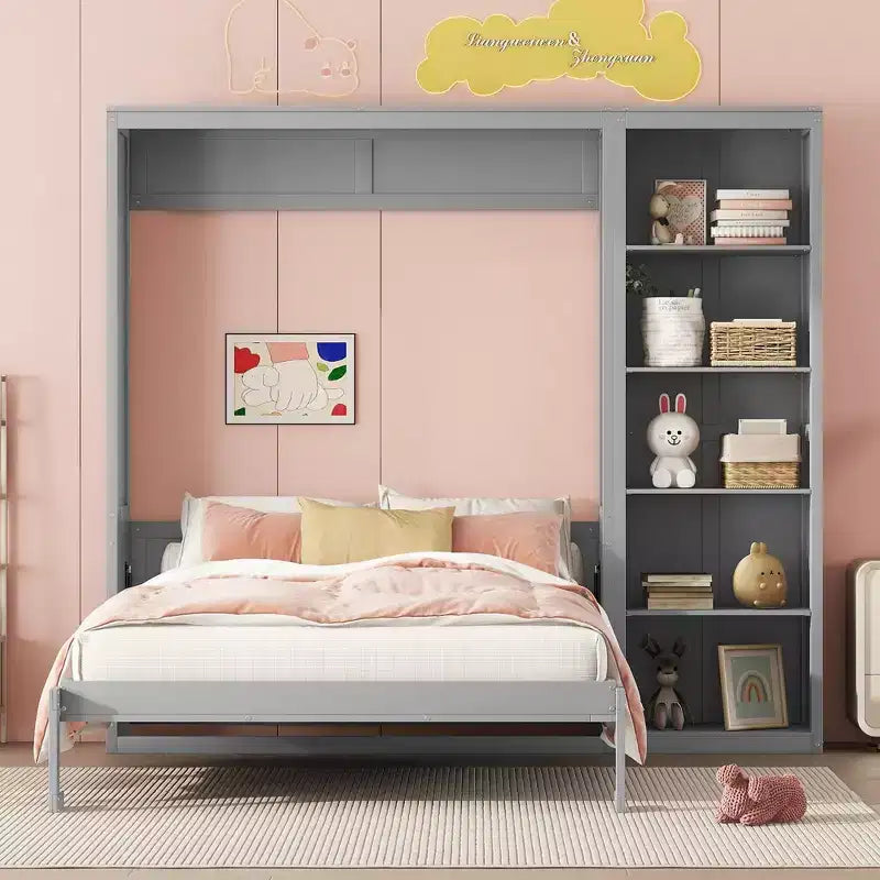 Lit mural escamotable double/grand lit avec étagères, armoire de lit escamotable peu encombrante pour chambre d'amis ou bureau à domicile