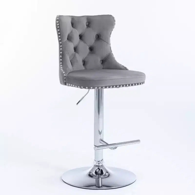 Tabourets de bar Okak pivotants en velours, hauteur comptoir, lot de 2, tabourets de bar pivotants à 360° avec dossier capitonné et cadre argent mat