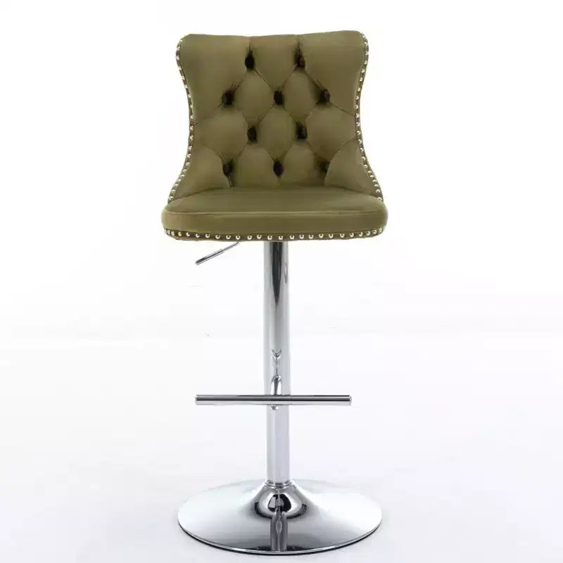 Tabourets de bar Okak pivotants en velours, hauteur comptoir, lot de 2, tabourets de bar pivotants à 360° avec dossier capitonné et cadre argent mat