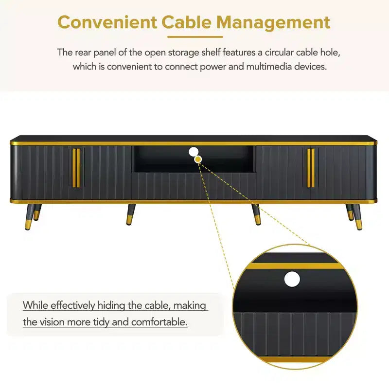 Meuble TV de Luxe Minimaliste de 85 pouces, Meuble TV Moderne du Milieu du Siècle avec Étagère de Rangement Ouverte, Table Console TV avec Armoires et Tiroirs