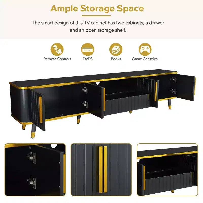 Meuble TV de Luxe Minimaliste de 85 pouces, Meuble TV Moderne du Milieu du Siècle avec Étagère de Rangement Ouverte, Table Console TV avec Armoires et Tiroirs