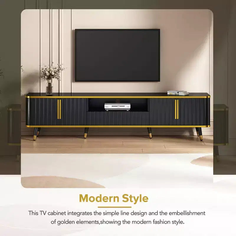 Meuble TV de Luxe Minimaliste de 85 pouces, Meuble TV Moderne du Milieu du Siècle avec Étagère de Rangement Ouverte, Table Console TV avec Armoires et Tiroirs