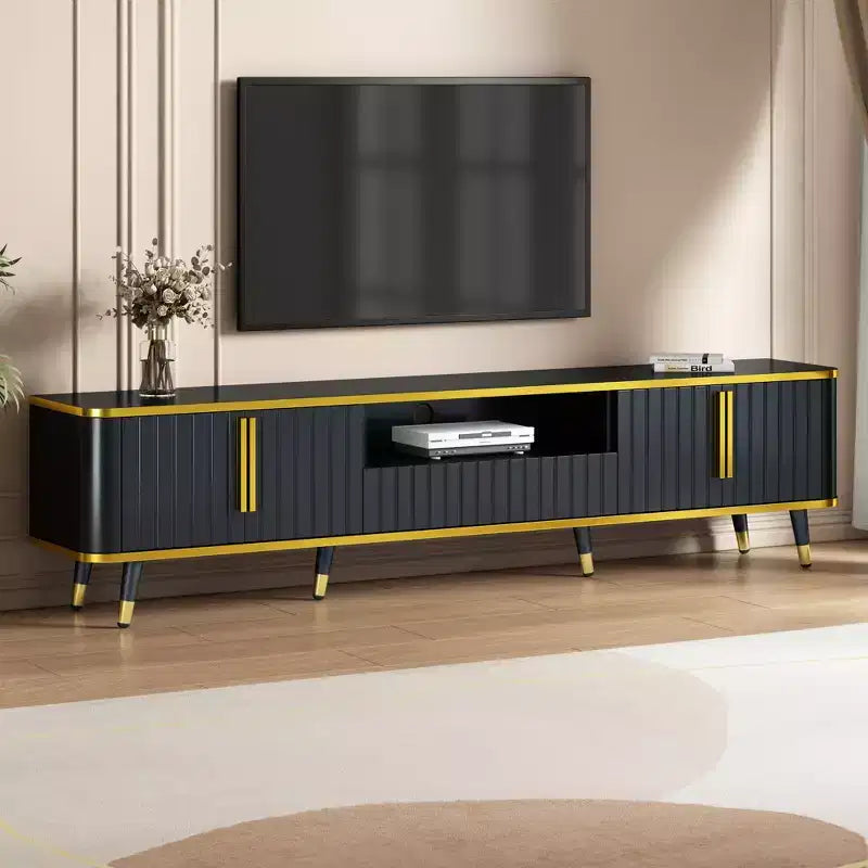 Meuble TV de Luxe Minimaliste de 85 pouces, Meuble TV Moderne du Milieu du Siècle avec Étagère de Rangement Ouverte, Table Console TV avec Armoires et Tiroirs