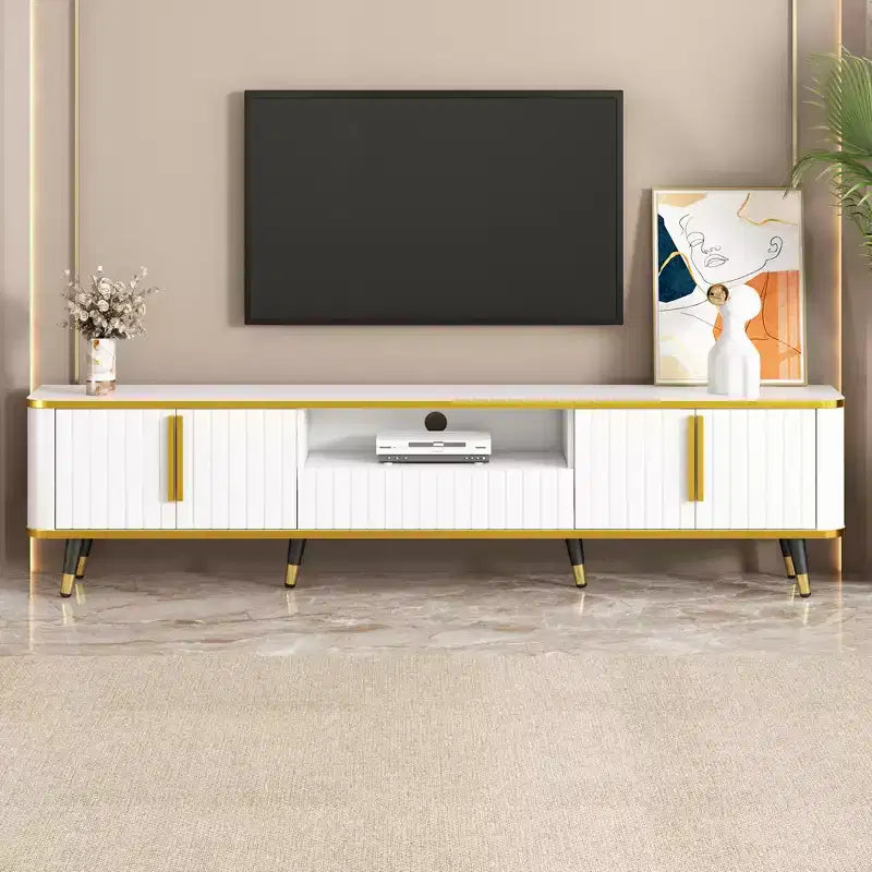 Meuble TV de Luxe Minimaliste de 85 pouces, Meuble TV Moderne du Milieu du Siècle avec Étagère de Rangement Ouverte, Table Console TV avec Armoires et Tiroirs