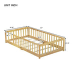 Lit au sol jumeau Bellemave avec clôture, cadre de lit Montessori en bois d'hévéa massif pour enfants, design discret avec lattes, finition naturelle