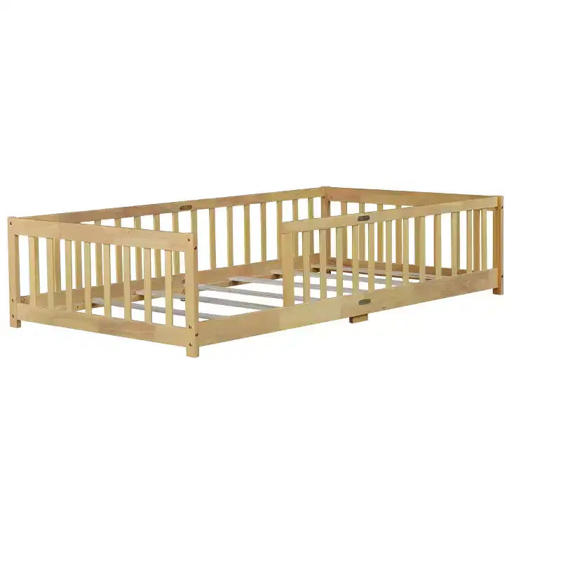 Lit au sol jumeau Bellemave avec clôture, cadre de lit Montessori en bois d'hévéa massif pour enfants, design discret avec lattes, finition naturelle