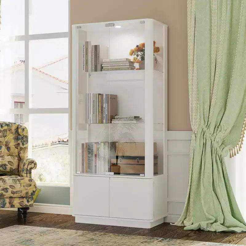 Vitrine blanche avec verre trempé et spot supérieur, bibliothèque minimaliste, présentoir et rangement pour objets de collection, pour bureau/étude/salon