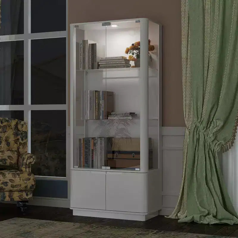 Vitrine blanche avec verre trempé et spot supérieur, bibliothèque minimaliste, présentoir et rangement pour objets de collection, pour bureau/étude/salon